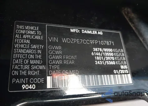 2015 Mercedes-Benz Sprinter 2500 Normal Roof z USA, uszkodzony, nr VIN WDZPE7CC9FP107871